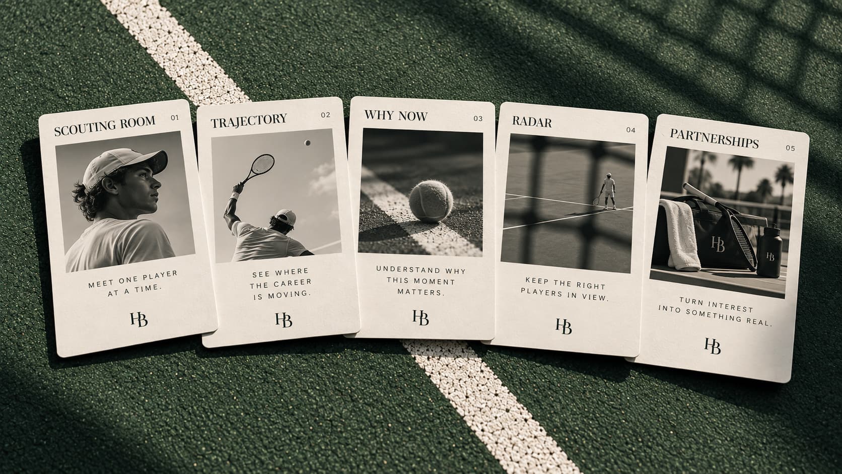 Five editorial brand-insight cards fanned across a tennis court.