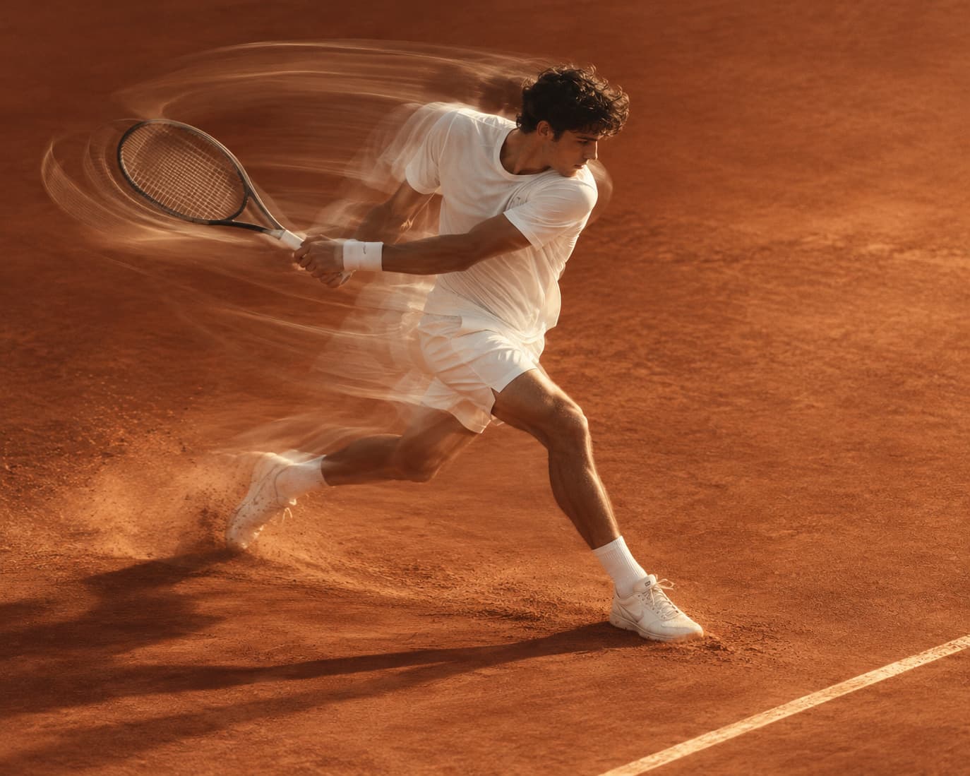 A tennis player mid-swing on a clay court, racket motion-blurred.