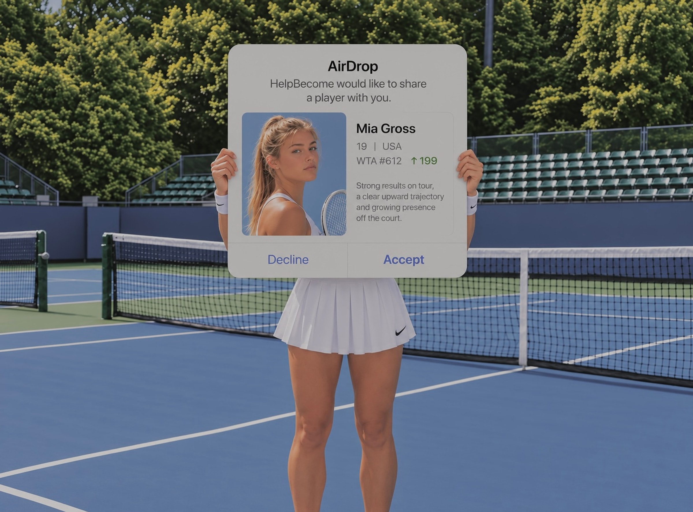 A woman on a tennis court holding up a mockup of an AirDrop-style prompt sharing a fictional player profile.