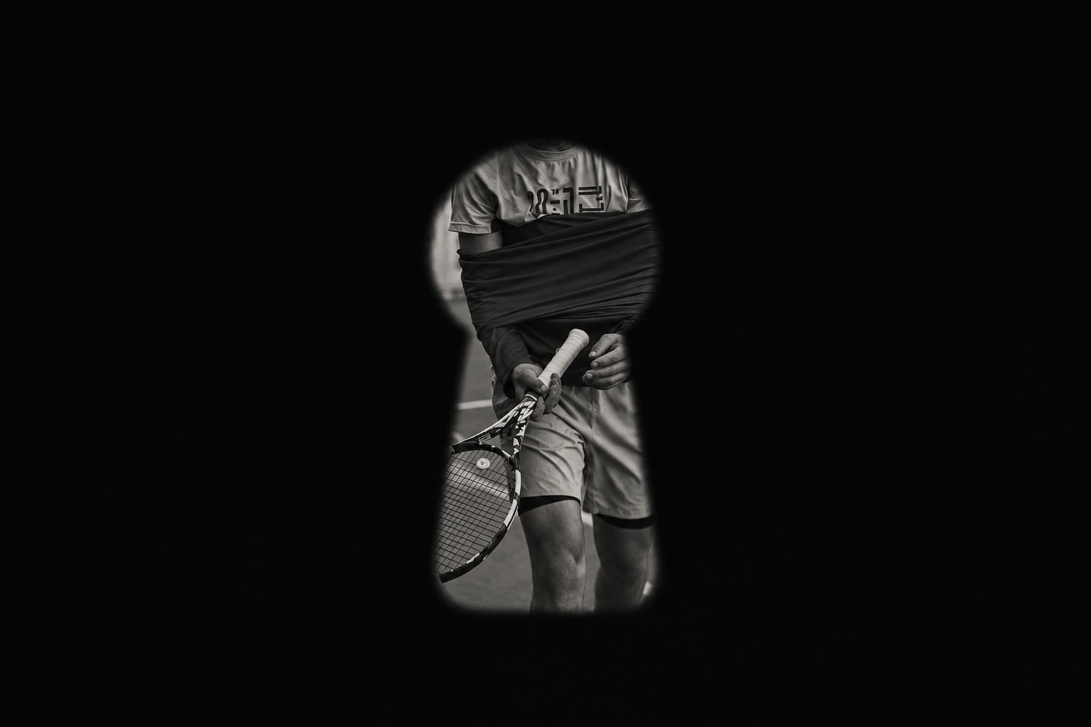 A black-and-white photo of a HelpBecome Player, face not shown, seen through a small centered keyhole surrounded by black.
